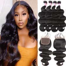 YISEA Body Wave Bundles with Closure, Unprocessed Brazilian Virgin Human Hair 4x