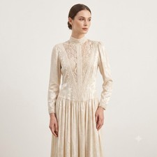 Vintage 80s Jessica McClintock Lace Gown Cream Jacquard Dress Modern Medium 8 10