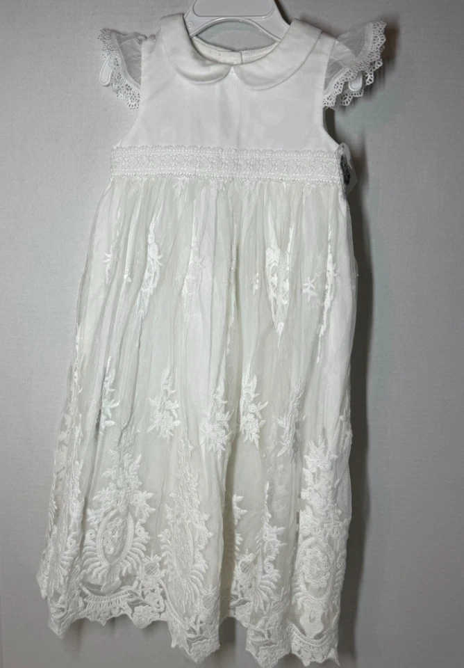 Vestido de batismo Mud Pie herança crochê acabamento em renda 0-6m creme marfim novo com etiquetas - Imagem 4 de 4