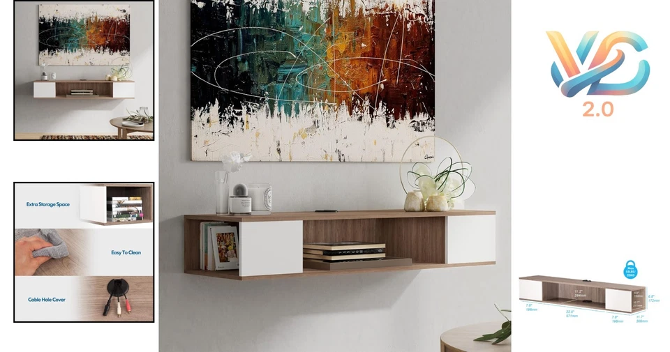 Suporte de TV flutuante branco - Console de mídia durável montado na parede com berloque vintage - Imagem 2 de 4