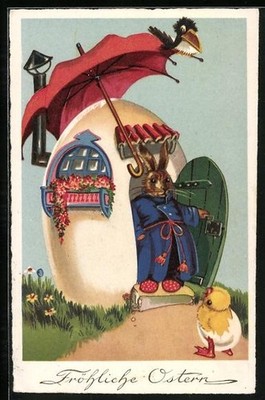 AK Osterhase begrüßt ein Osterküken vor seinem Haus, Fröhliche Ostern 1929 