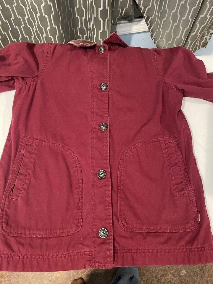 Abrigo de granero Woolrich para mujer mediano rojo cuello de pana manta a rayas línea polar Foto 2 de 4