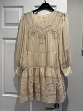 Love Shack Fancy Mallory Short Silk Dress In Beige With Sleeves