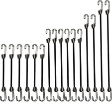 16 Pc Mini Bungee Cords with Double Hooks, Assorted Sizes for Outdoor Use