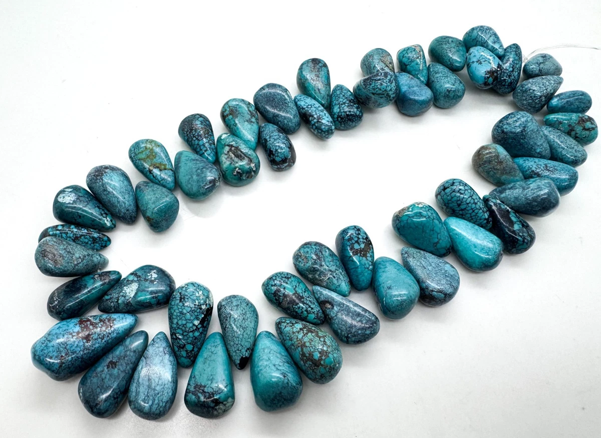 Natural Blue Hubei Turquoise Teardrop Beads • Genuine Gemstone Spiderweb Strand