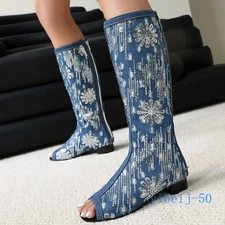 Women Knee High Denim Jean Boots Peep Toe Sequins Sandals Ripped Hole Long Shoes
