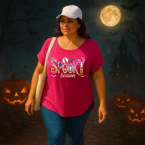 ROCKTHOSECURVESDipped-Hem T-Shirt with Spooky Halloween print - Picture 21 of 21