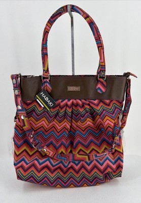 Hadaki Large Shoulder Tote Bag Zig Zag Print Nylon Pink Blue Red Bold Color