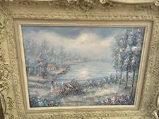 Vintage Impressionist Oil  Painting Figures Landscape by G Barton 18"x22"