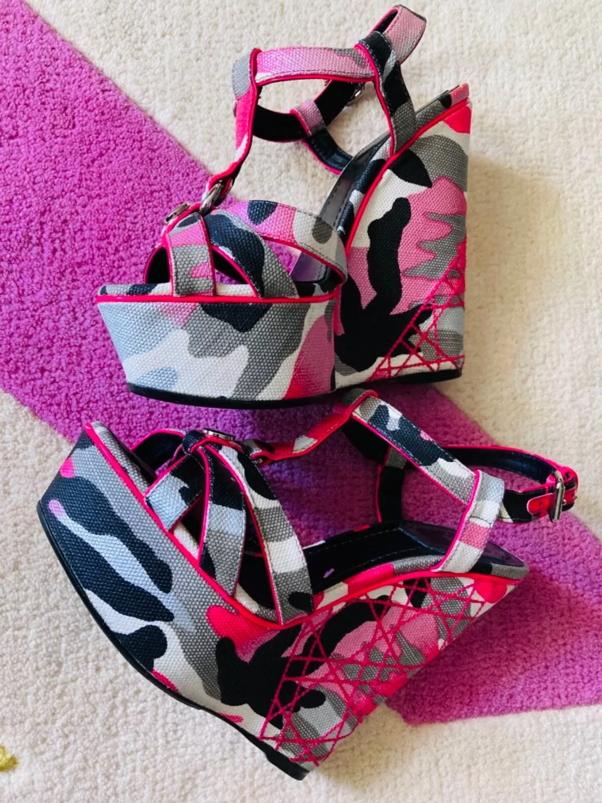 RARE 2011 Dior Anselm Reyle camouflage camouflage néon plate forme rose sandales 36