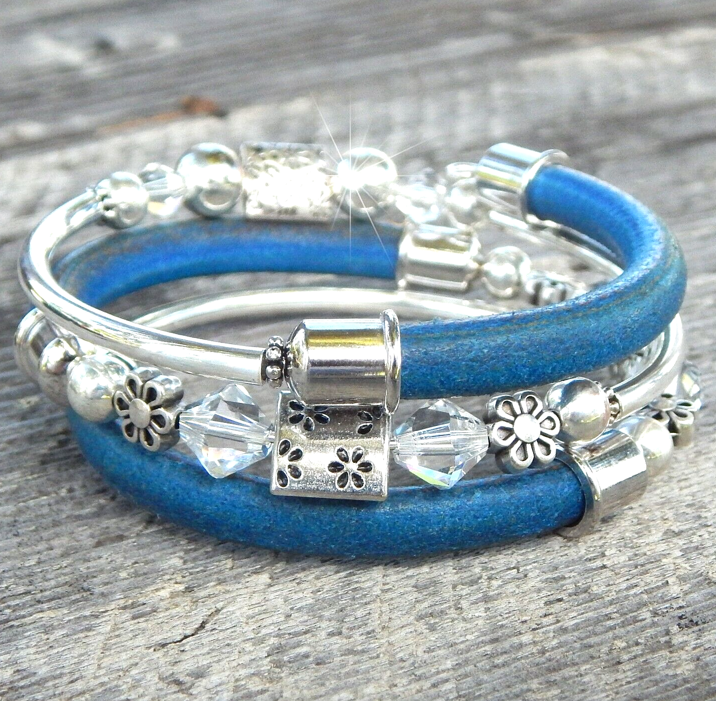 Handmade USA Memory Wire Bracelet with Daisy Beads and Swarovski Crystals-image