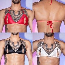 Men Crop Tops With Self-tie Strap Lingerie Crossdress Underwear Gay Bra V Neck