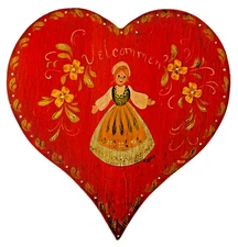 Rosemaling Hand Painted Folk Art Decorated Wood Heart for Wall or Door Velkommen