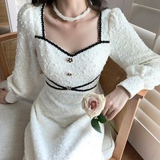Elegant Vintage White Dress Women 2022 Winter Fairy Midi Party Dress Evening 