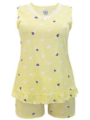 Italian Bisbigli Yellow Pure Cotton Heart Print Shorts Pyjama Set UK 10 14 16 20