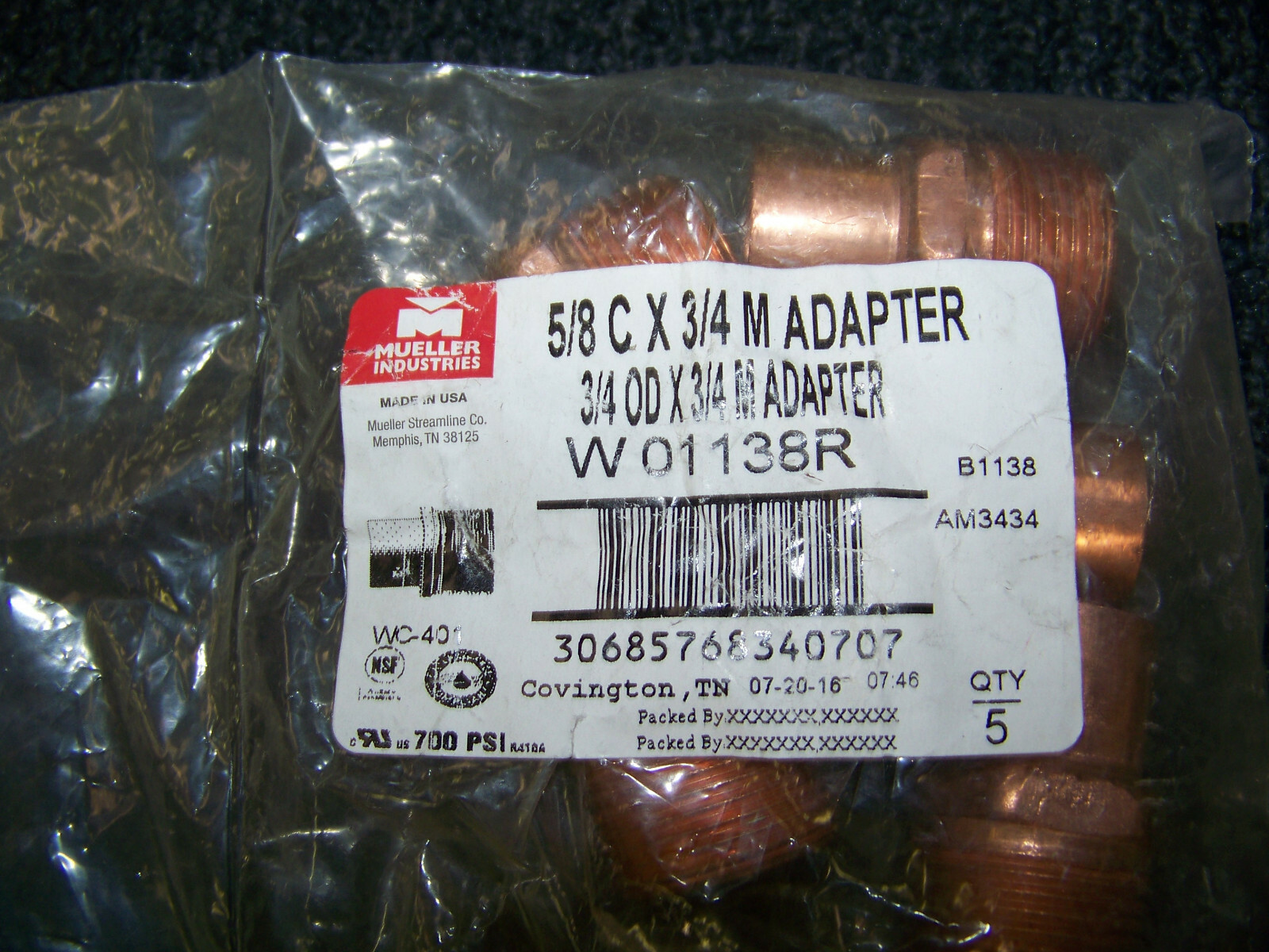 Mueller 5/8 Cx 3/4 male adapter copper 3/4 OD x 3/4 male adapter 5 each