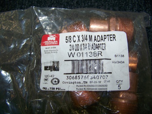 Mueller 5/8 Cx 3/4 male adapter copper 3/4 OD x 3/4 male adapter 5 each