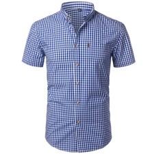Mens Short Sleeve Plaid Shirt Striped Checked Cotton Summer Office Work Tops