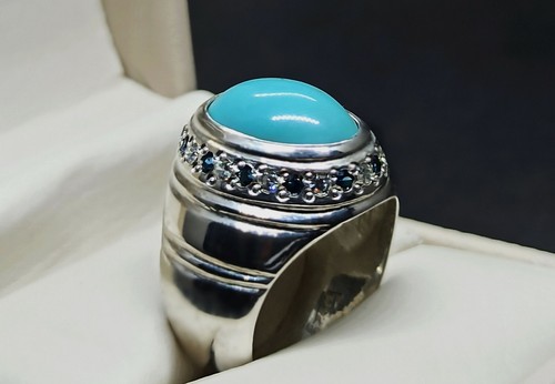 Anillo liso turquesa natural 925 hecho a mano Neshapuri Feroza plata esterlina 925 de 9 quilates - Imagen 2 de 12