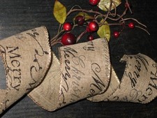 5 Yds. Christmas Script WIRED LINEN BURLAP RIBBON for Wreath TREE Topper cr