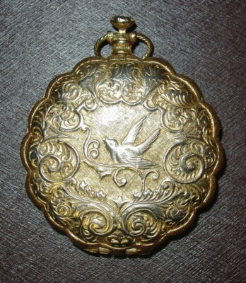 Vintage Max Factor Gold Birds Lark Compact Pocket Watch Translucent Creme Puff
