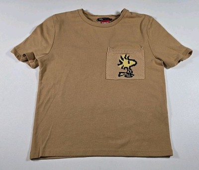 Zara Peanuts Snoopy & Woodstock Women S Crop Graphic Pocket Short Sleeve T-Shirt
