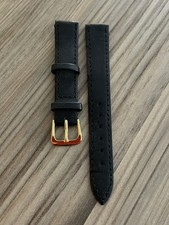 Genuine Leather 14mm Watch Strap, Black, Gold Buckle Calf Grain