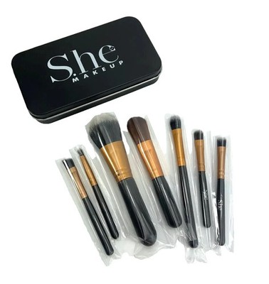 S.he MAKEUP 7 Piece BRUSH SET & Tin ~ NEW  