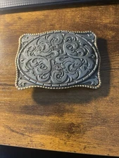 Western Storming Silver Belt Buckle Ornate Scroll With Brass Trim