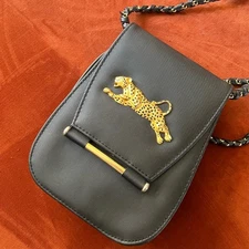 Vintage 90s Nima Black Crossbody Bag with Gold Leopard Cheetah Accent