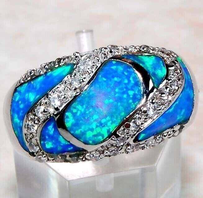 Australian Opal Inlay & Topaz 925 Solid Sterling Silver Ring Jewelry Sz 8 DT2