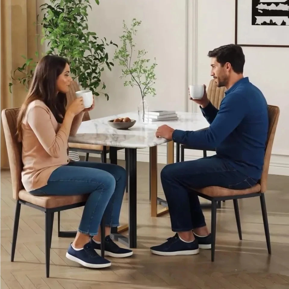 现代餐厅椅子棕色金属椅子4件套带皮革织物 — 第 3/4 张图片