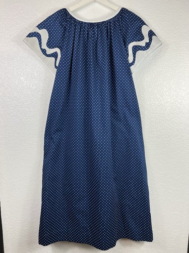 MW Collection Sz M VTG House Dress Navy/White Polk a dot Appliqué Sleeves - Picture 5 of 8