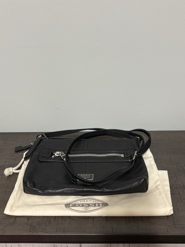 Fossil Dawson Crossbody Bag In Black Pebbled Leather Adjustable Strap Dust Bag