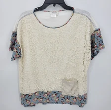 Tru Luxe Top Large Boho Floral Crochet Lace Patchwork Mixed Media Popover Blouse