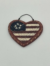 Patriotic American Flag Heart Shaped Wood And Metal Hanging Ornament 3.5  