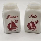 1930s McKee White Milk Glass Red Sailboat Roman Arch Salt & Pepper Shaker Set