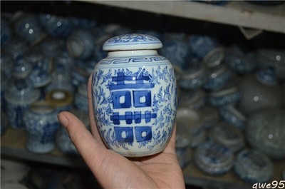 100 Mm Old China Handwork Blue and White Porcelain Vase Double Happiness