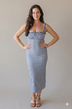 Free People Lucinda Gingham Midi Dress Size Large Blue Check Cottage Coastal
