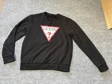 GUESS Sweatshirt Mens M Black Fleece Crewneck Logo Graphic Pullover Triangle