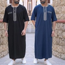 Mens Muslim Saudi Arab Long Dress Embroidery Gown Robe Arab Islamic Thobe Kaftan