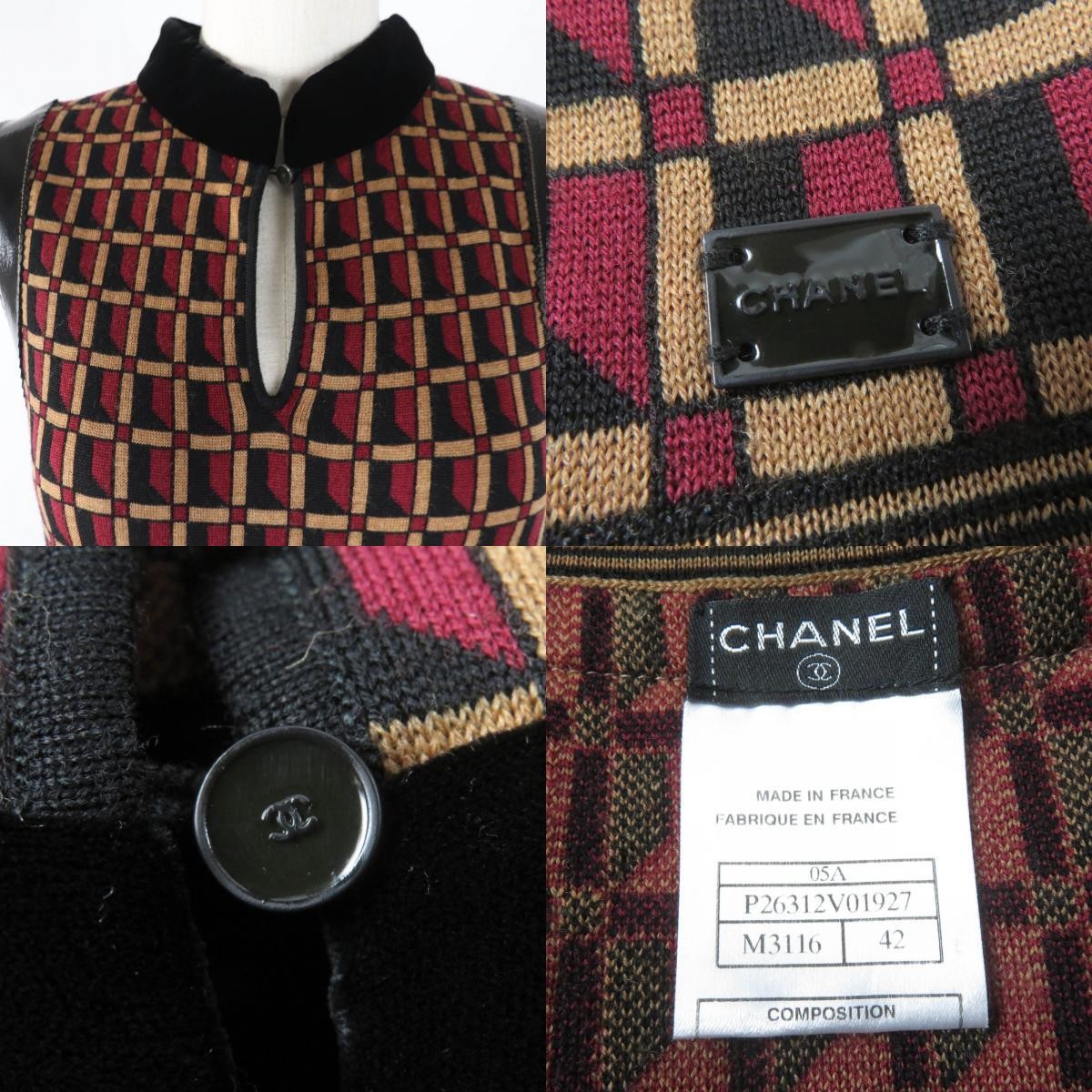 極美品☆CHANEL シャネル ヴィンテージ 05A P26312V01927 レザー使い ココマーク ニット ジャケット・ワンピース アンサンブル 42 正規品 Chanel Vintage 05A P26312V01927 Leather Coco Mark Knit