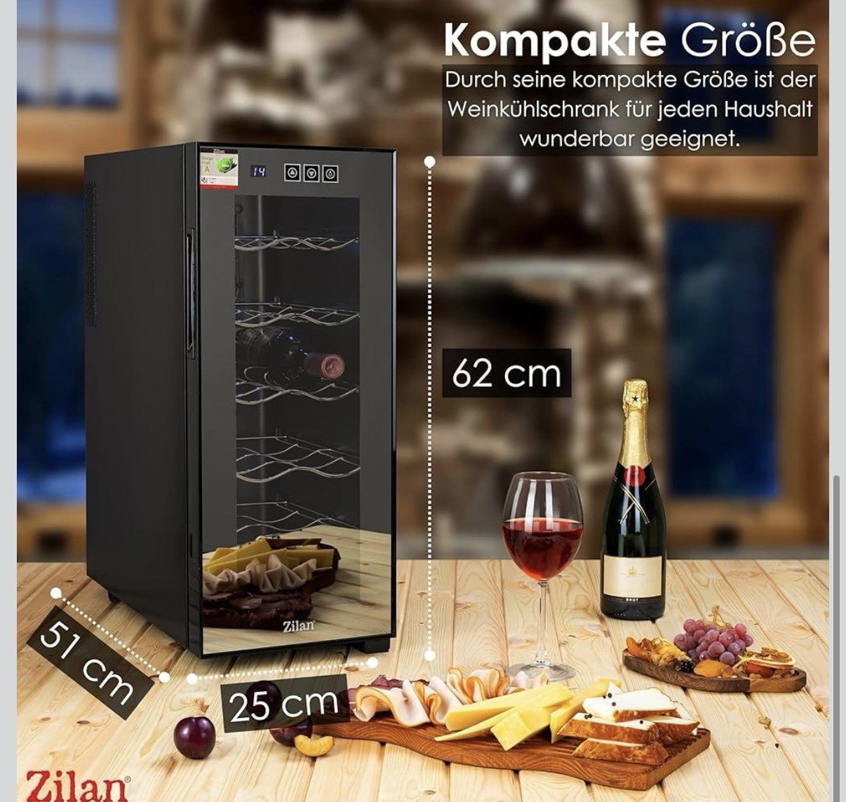 Zilan Weinkühlschrank Freistehend Leise 12 Flaschen 33 Liter LED Beleuchtung NEU