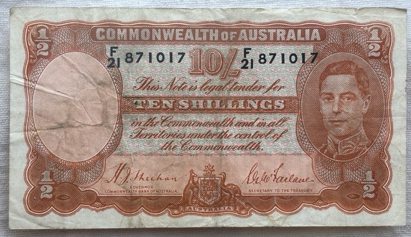 1939 Australia 10 Shillings Banknote King George VI Renniks R12 Fine Sheehan