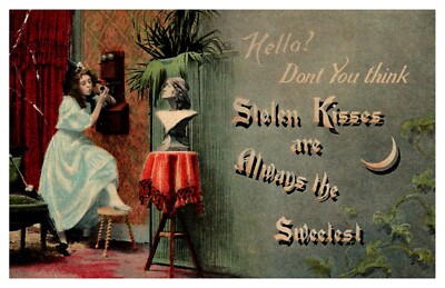 Stolen Kisses are Always the Sweetest, Girl on Phone, c1907 Vintage Postcard