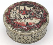 Vtg Fruit Cake Tin w/Lid Red Black Gold Horse  Carriage Buggy Leaf 7  Embossed