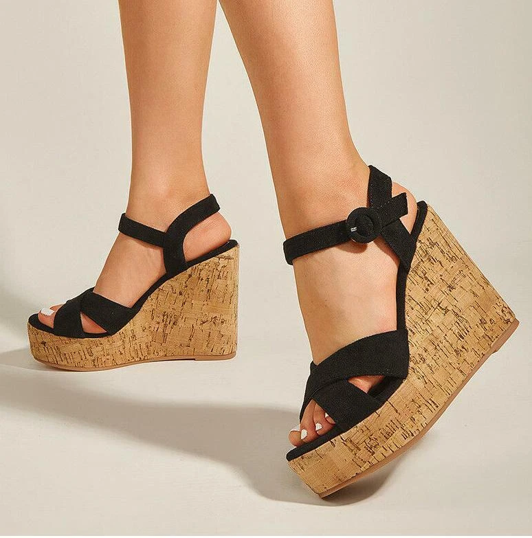 New Women Cork Wedge Sandals Peep Toe Platform High Heel Slingback