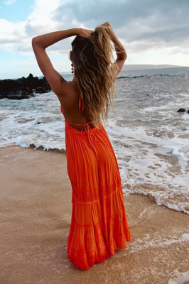 orange shadow leaf low back oversized maxi beach dress Free People Burst Of Bliss Scarlet Ibis Strappy Open Tiered L feminine and made for