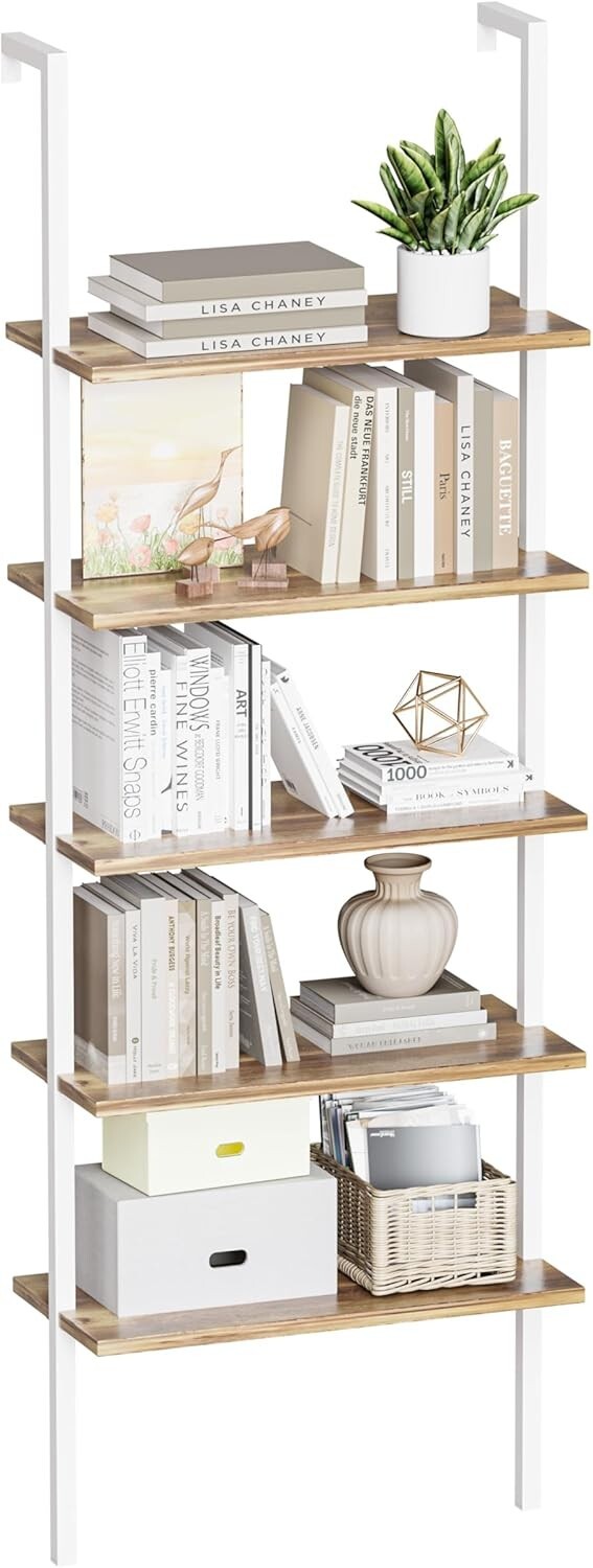 Furmax 5-Tier Bookshelf, Wall Mount Ladder Shelf with Wood Board and Industrial