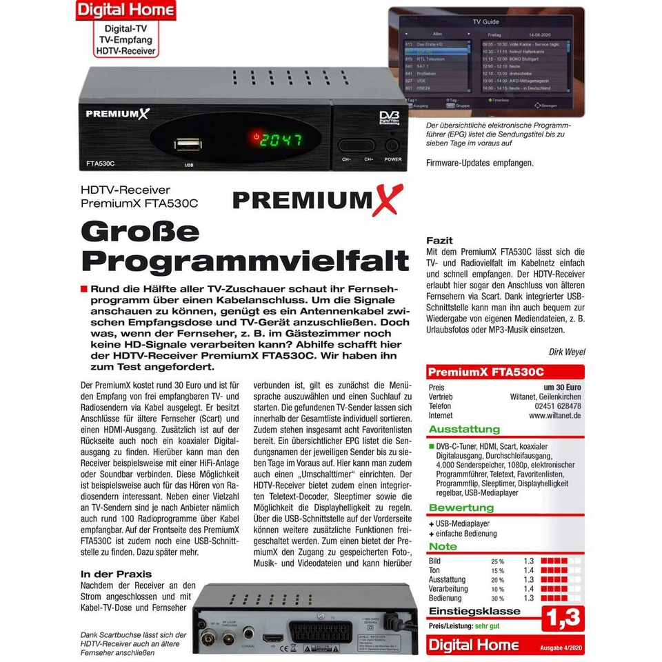 PremiumX Kabelreceiver Digital Kabel TV Receiver DVB-C HD USB SCART HDMI-Kabel - Bild 3 von 4